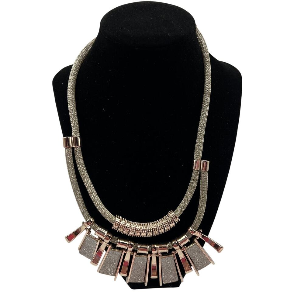 Jennifer Lopez Silver Tone Statement Necklace Layered Raised Acrylic Rhinestone‎